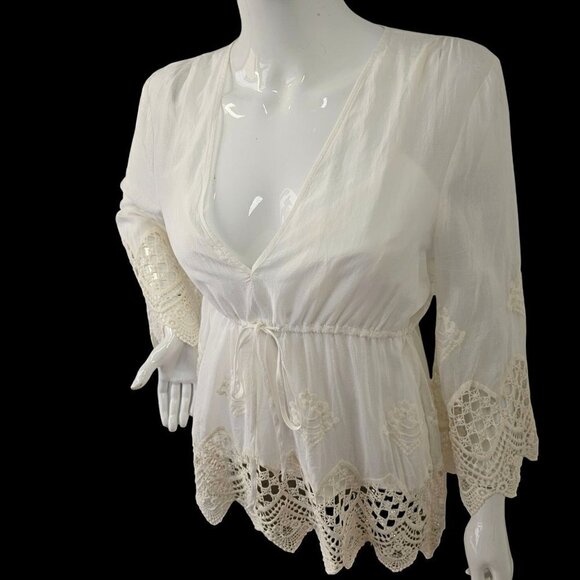 BCBG MaxAzaria White Lace Boho Top + Cami Cotton Drawstring Waist V Neck Women S - Picture 3 of 12